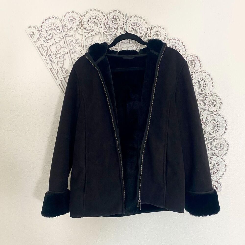 Next Chunky Black Suede Faux Fur lined Short Jacket Winter Snow Size M